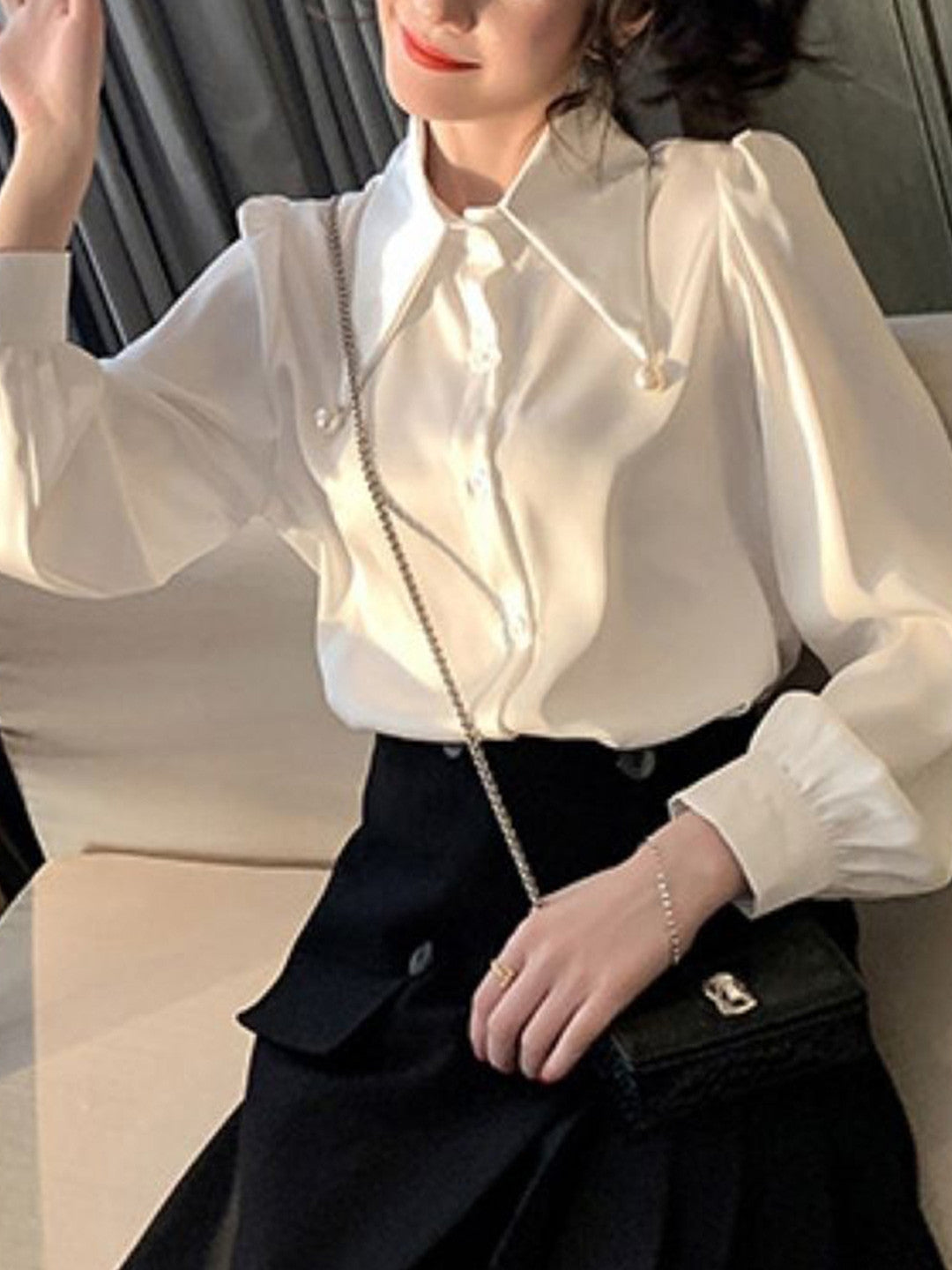White Shirt Collar Long Sleeves Solid Polyester Top