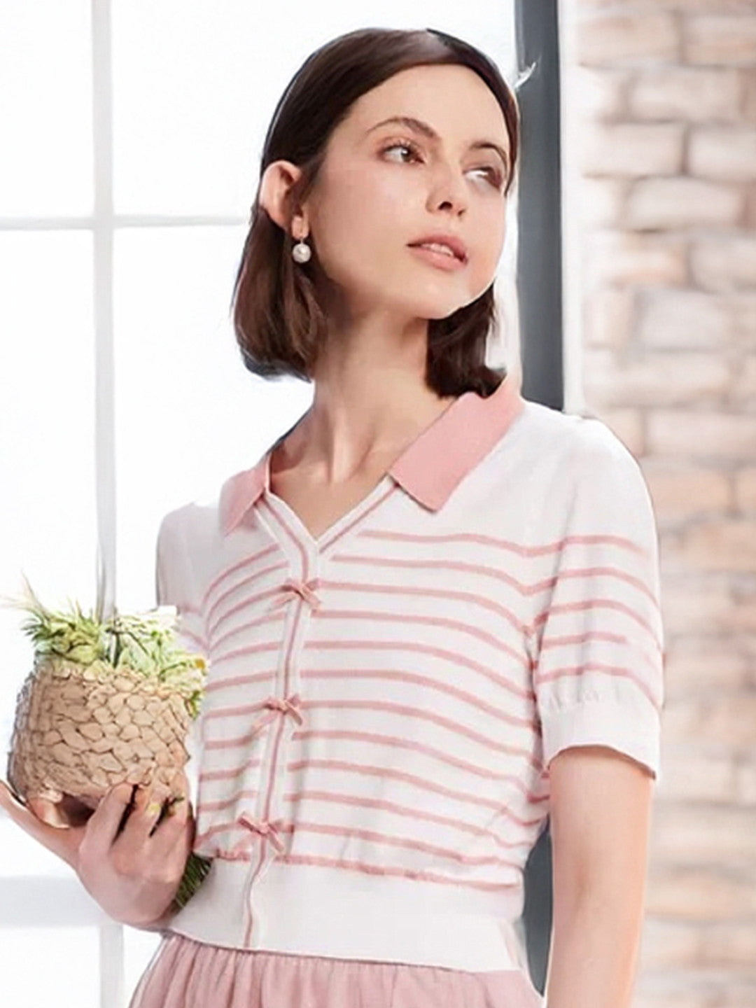Pink Shirt Collar Short Sleeves Horizontal Stripes Polyester Top