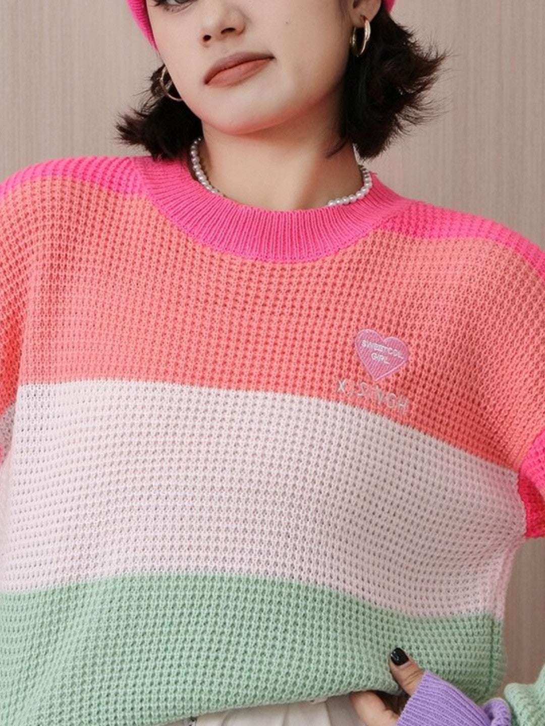 Red Round Neck Long Sleeves Horizontal Stripes Top