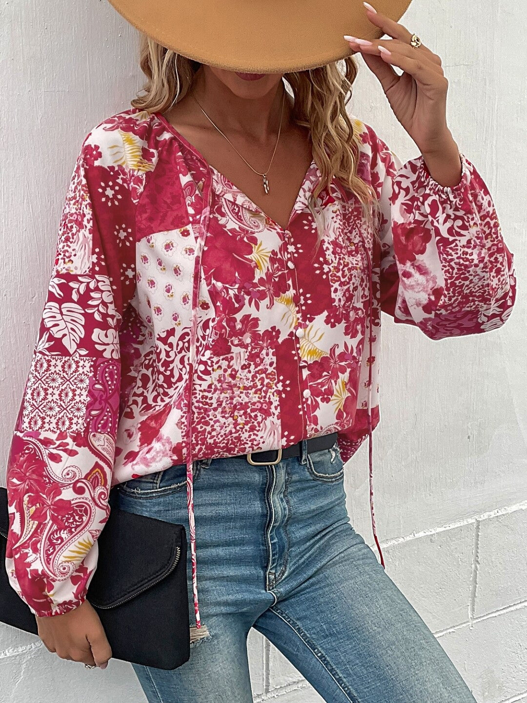 Red V-Neck Printed Long Sleeves Polyester Top