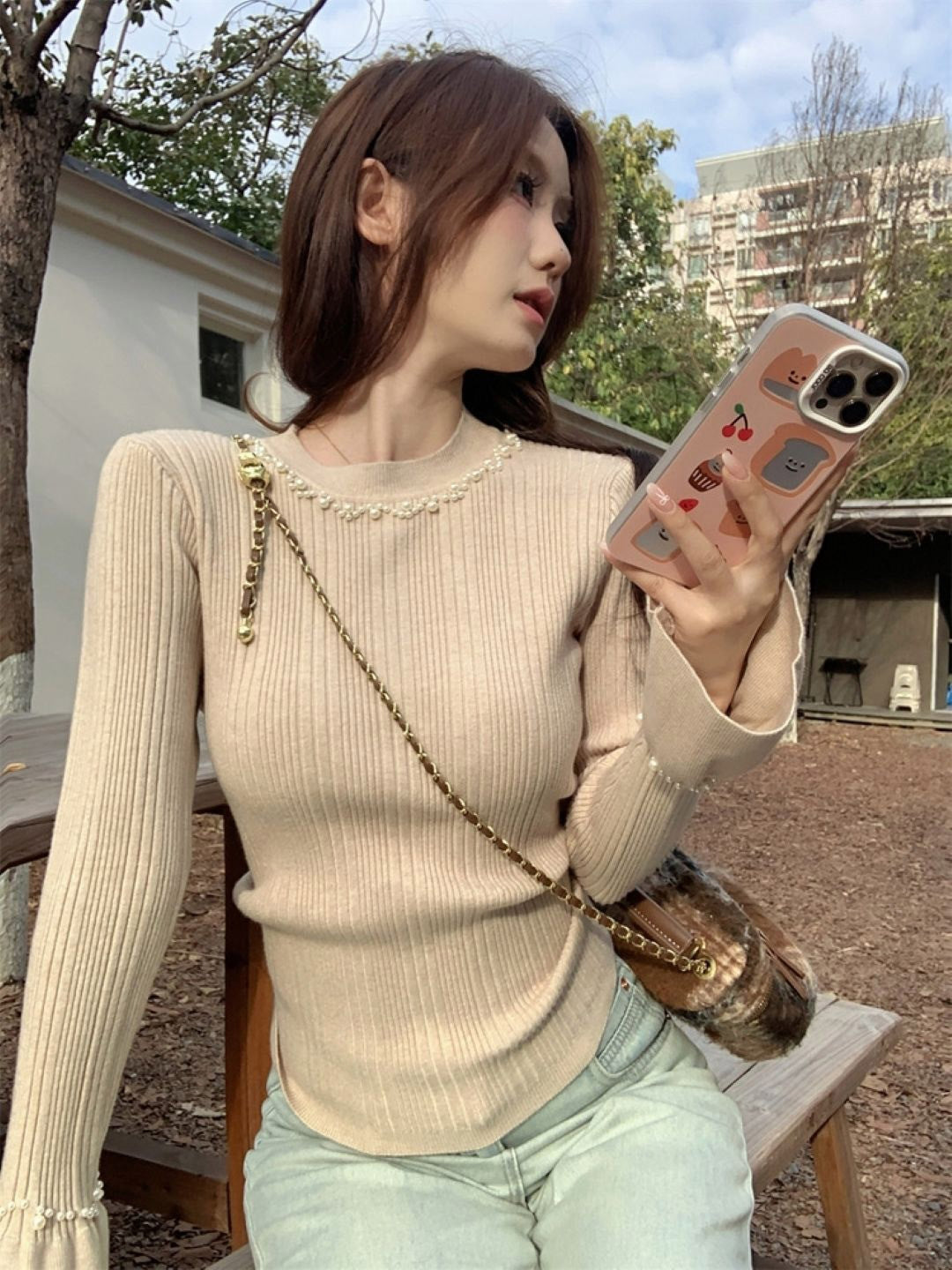 Khaki Round Neck Long Sleeves Solid Polyester Top