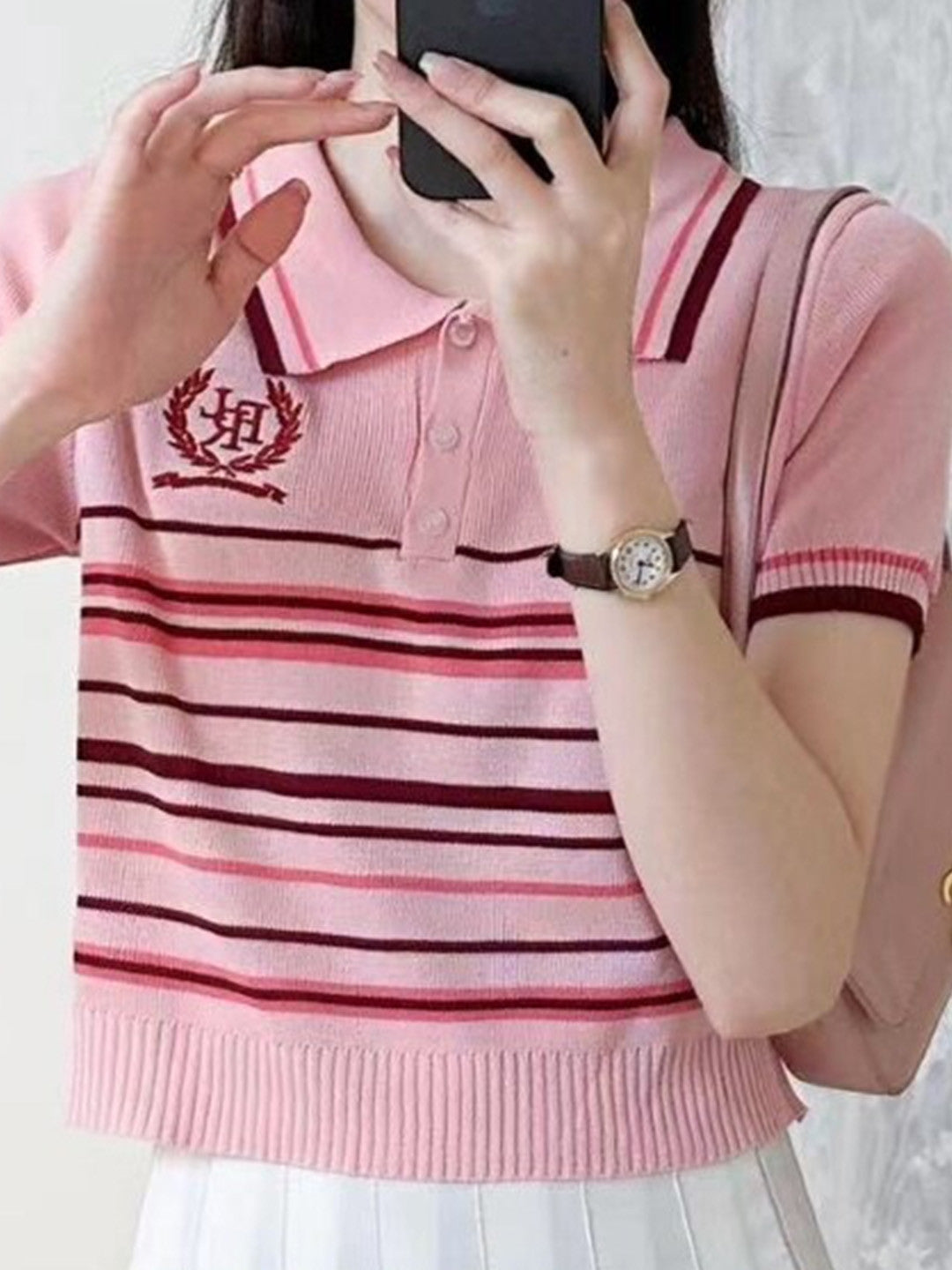 Pink Shirt Collar Short Sleeves Horizontal Stripes Regular Sleeves Viscose Rayon Top