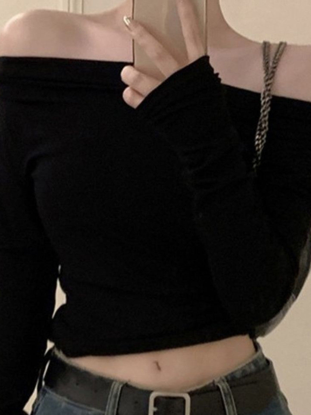 Black Off-Shoulder Long Sleeves Solid Polyester Tops