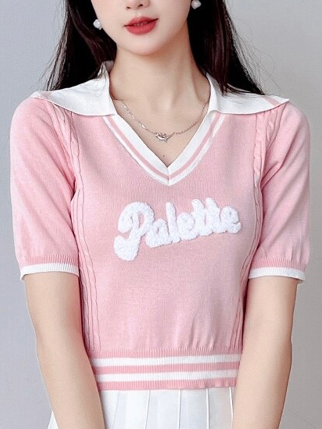 Pink Shirt Collar Short Sleeves Typography Top