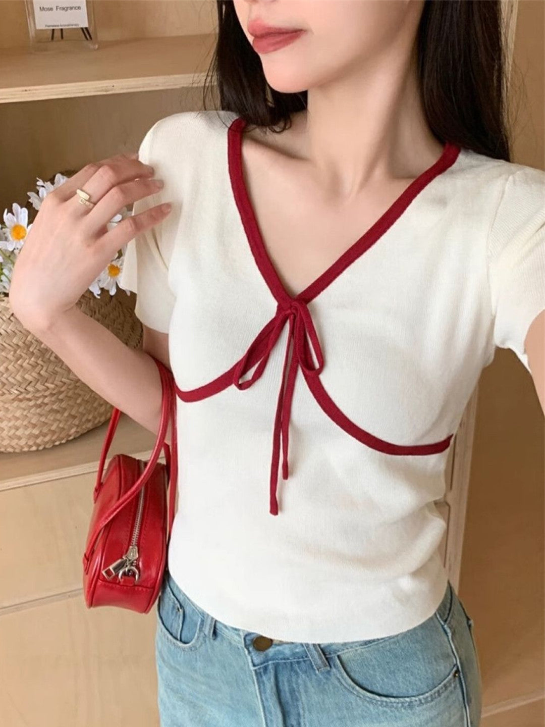 White V-Neck Short Sleeves Solid Polyester Top