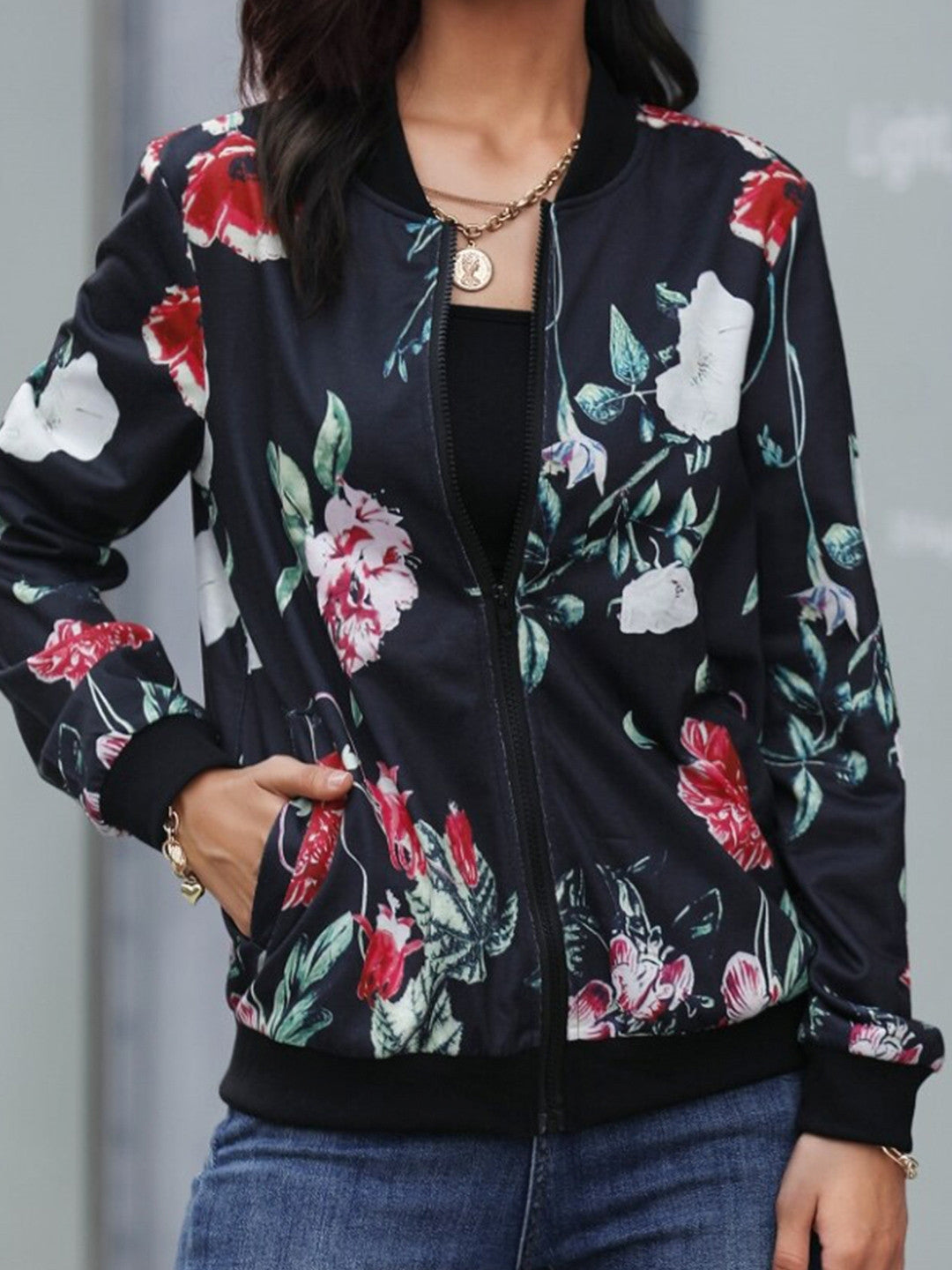 Black Round Neck Floral Long Sleeves Polyester Top