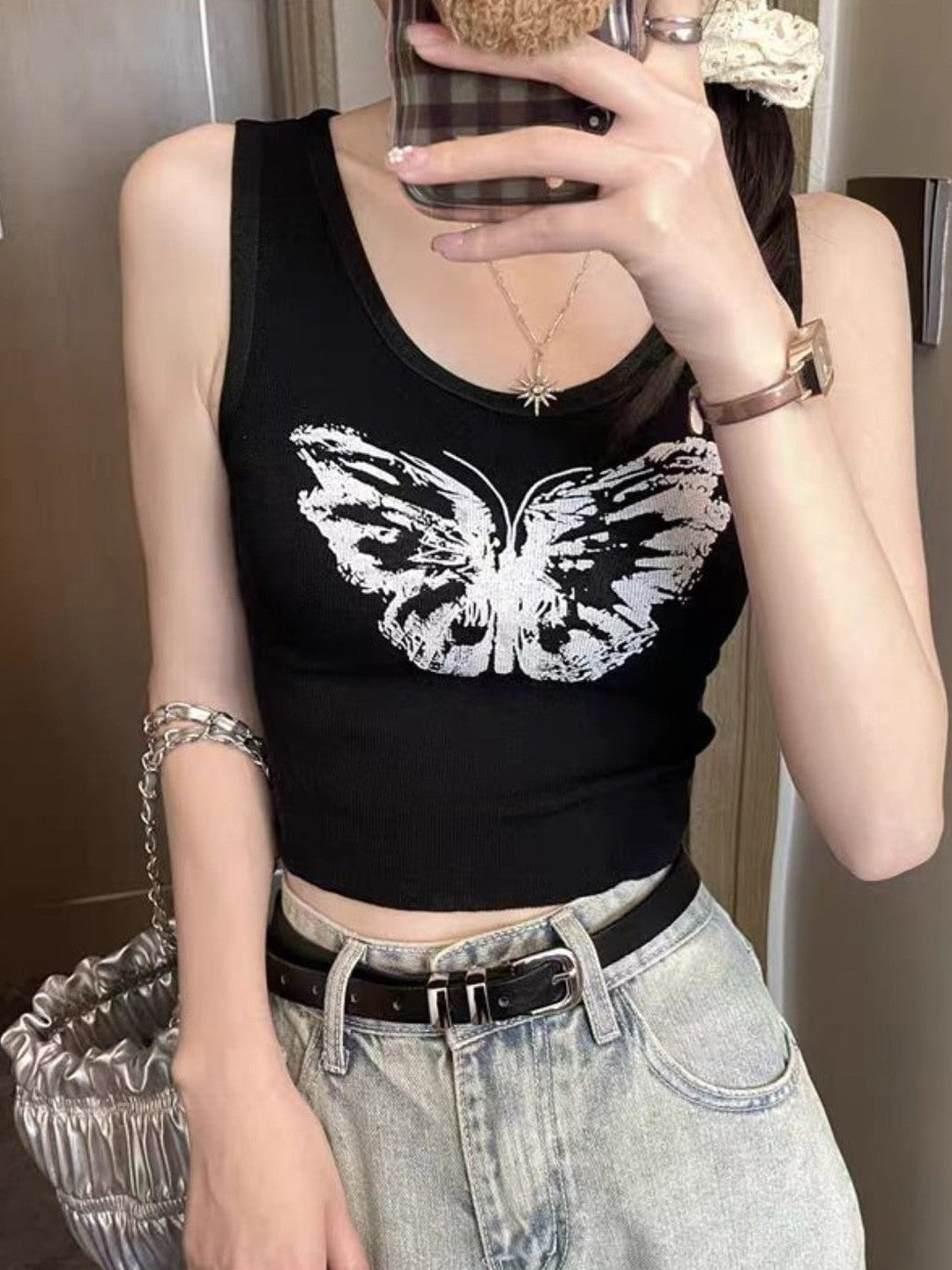 Black Round Neck Graphic Sleeveless Viscose Rayon Crop Top