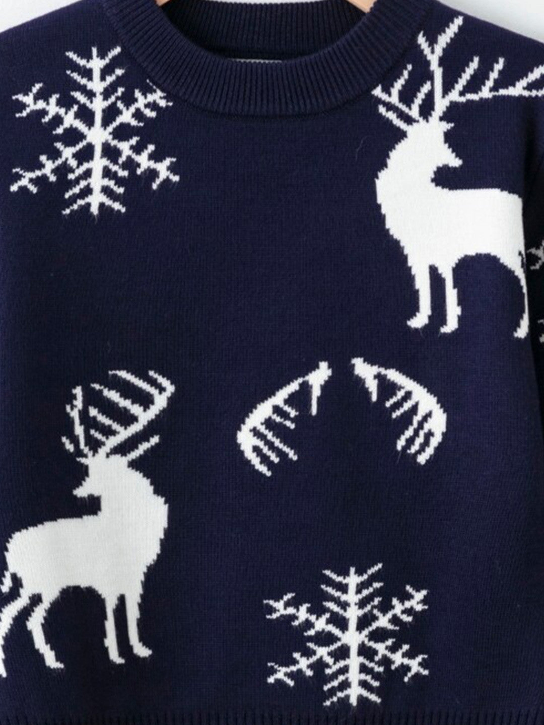 Navy Blue Round Neck Printed Long Sleeves Casual Pullover Viscose Rayon Sweater