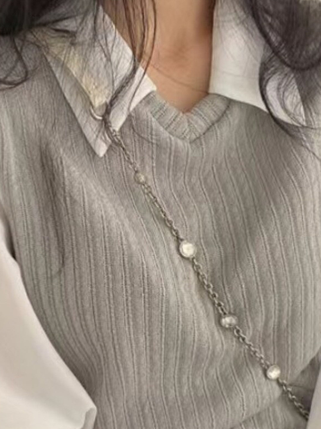 Grey Shirt Collar Long Sleeves Solid Top