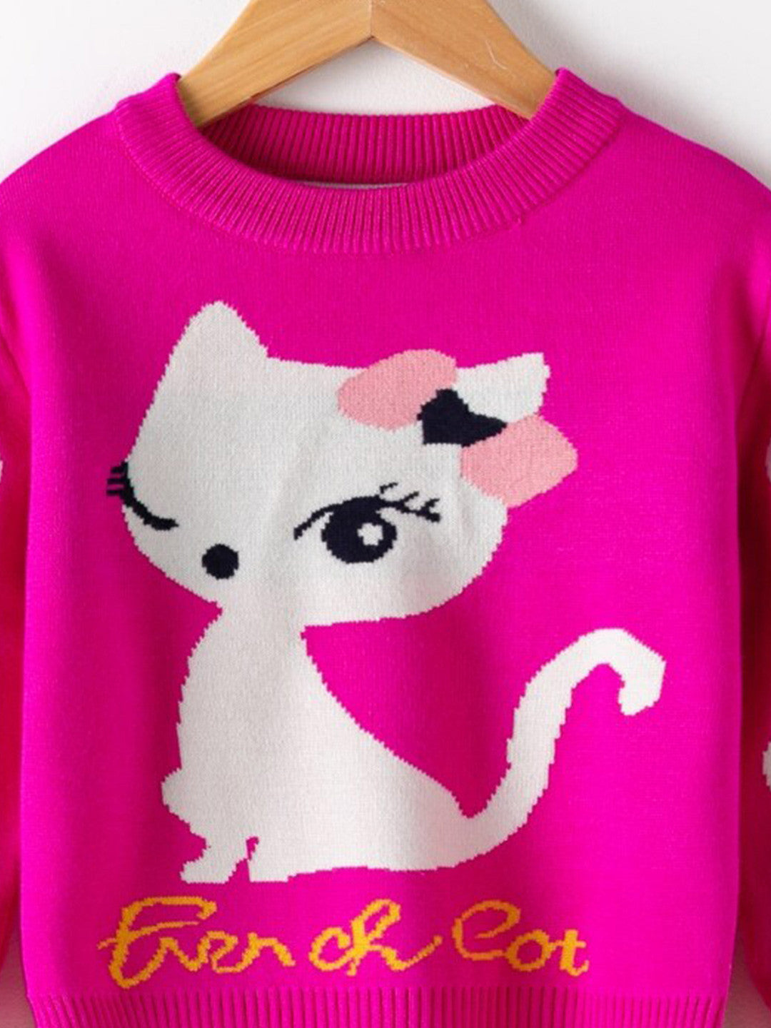 Dark Pink Round Neck Printed Long Sleeves Casual Pullover Viscose Rayon Sweater