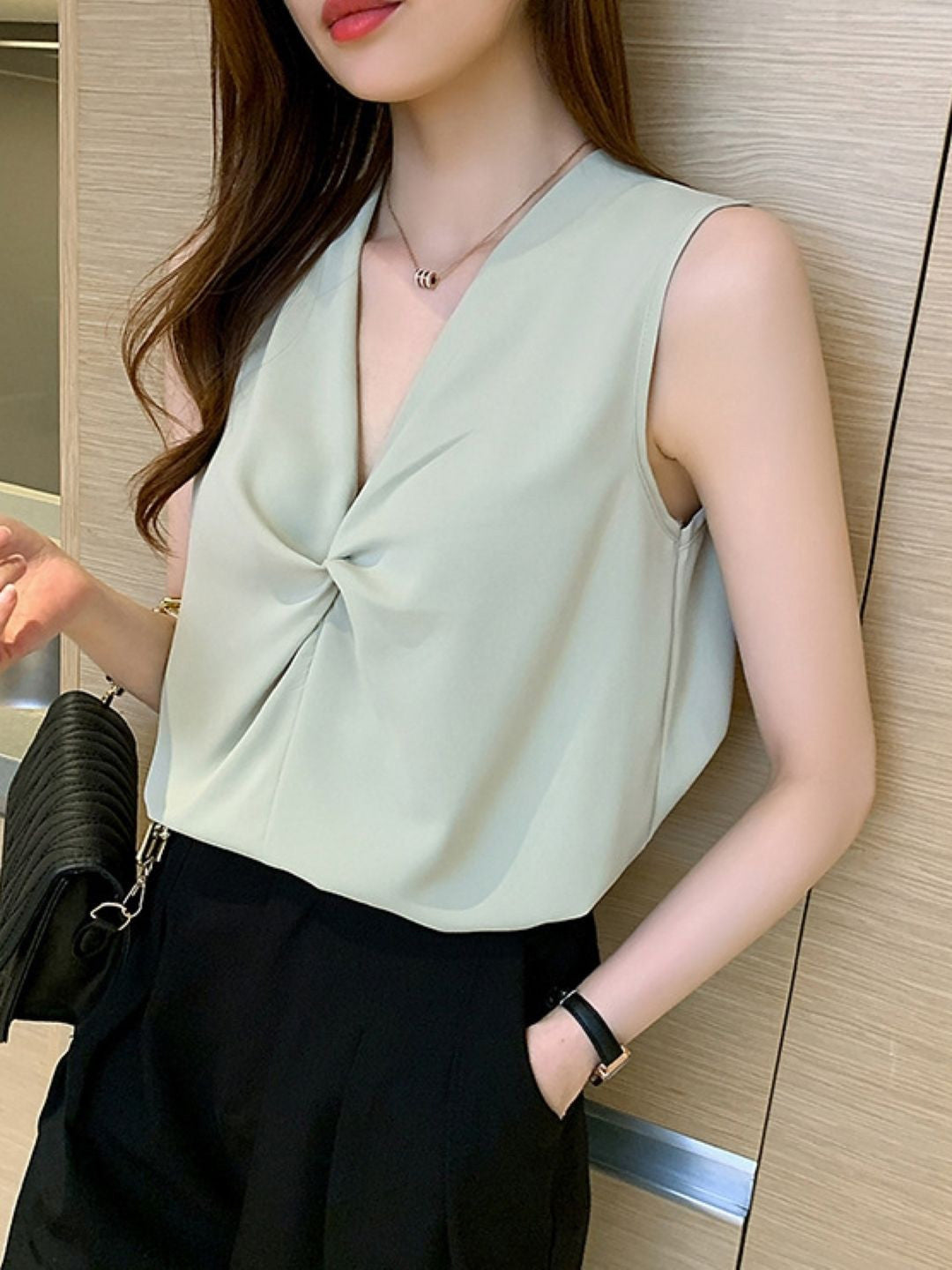 Green V-Neck Sleeveless Solid Polyester Top