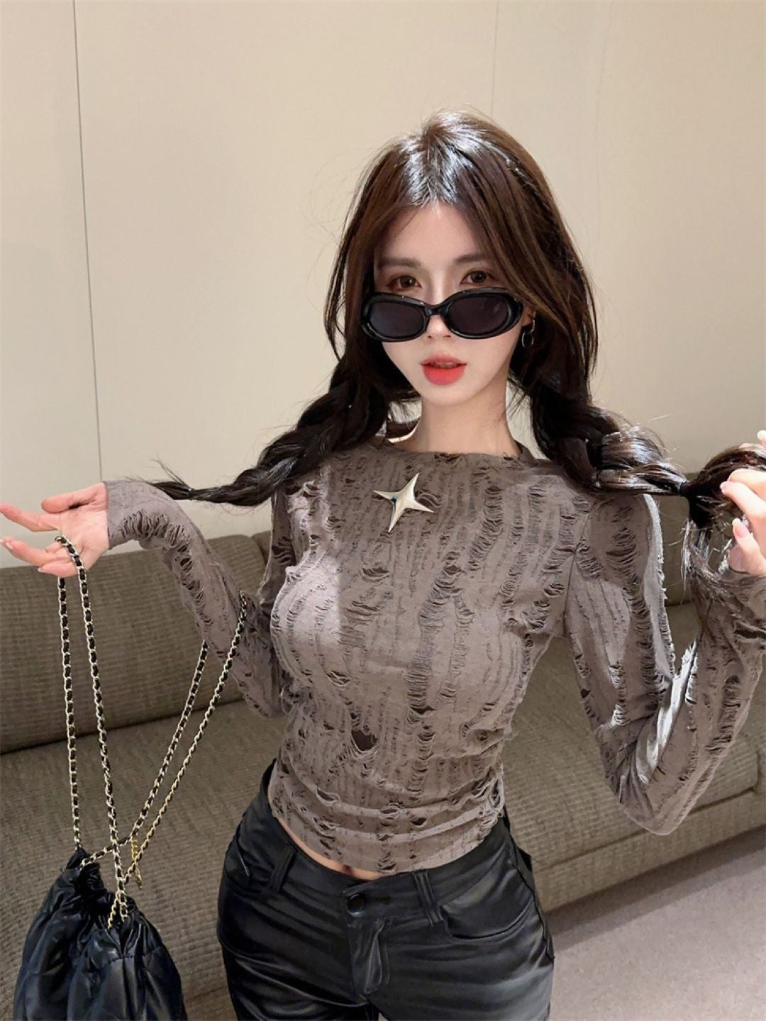 Grey Round Neck Long Sleeves Solid Polyester Top