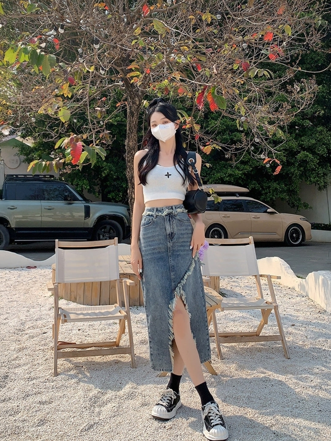 Blue Solid Midi Polyester Skirt