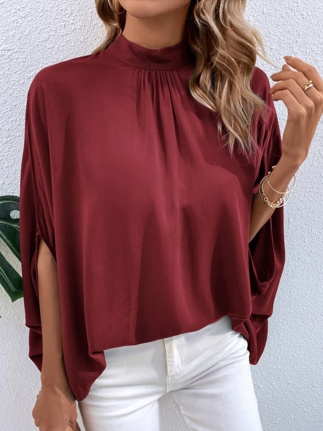 Red Round Neck Solid Long Sleeves Viscose Rayon Top