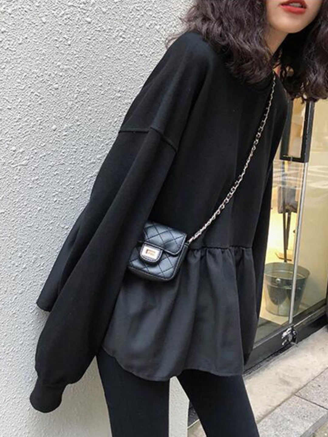 Black Round Neck Long Sleeves Solid Polyester Regular Top