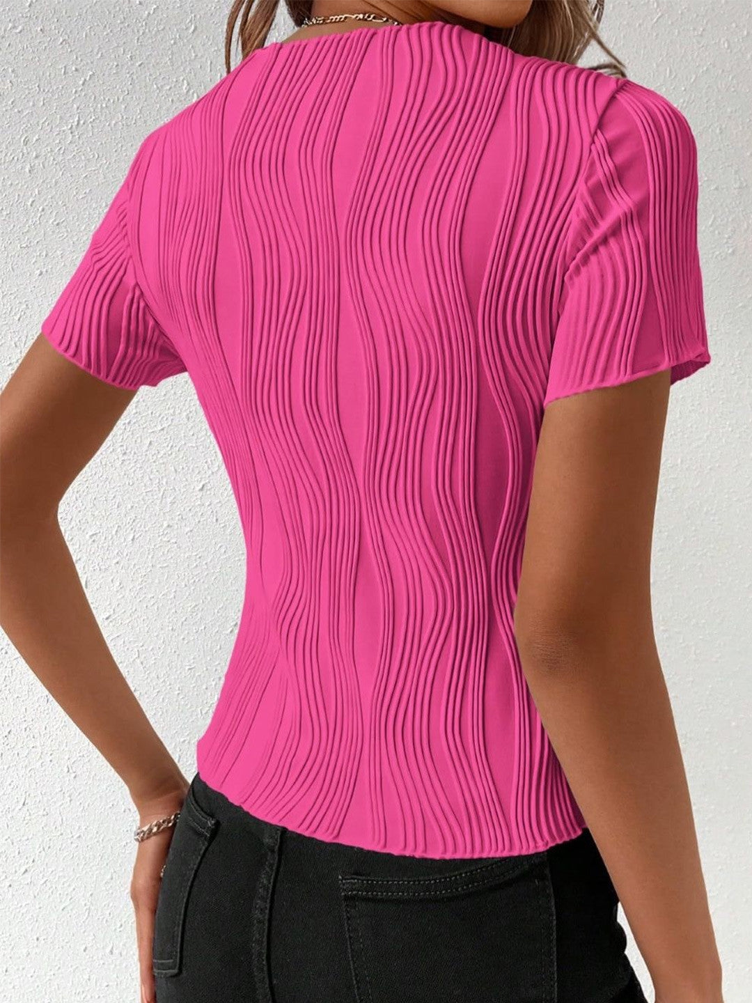 Pink Round Neck Short Sleeves Solid Polyester Top