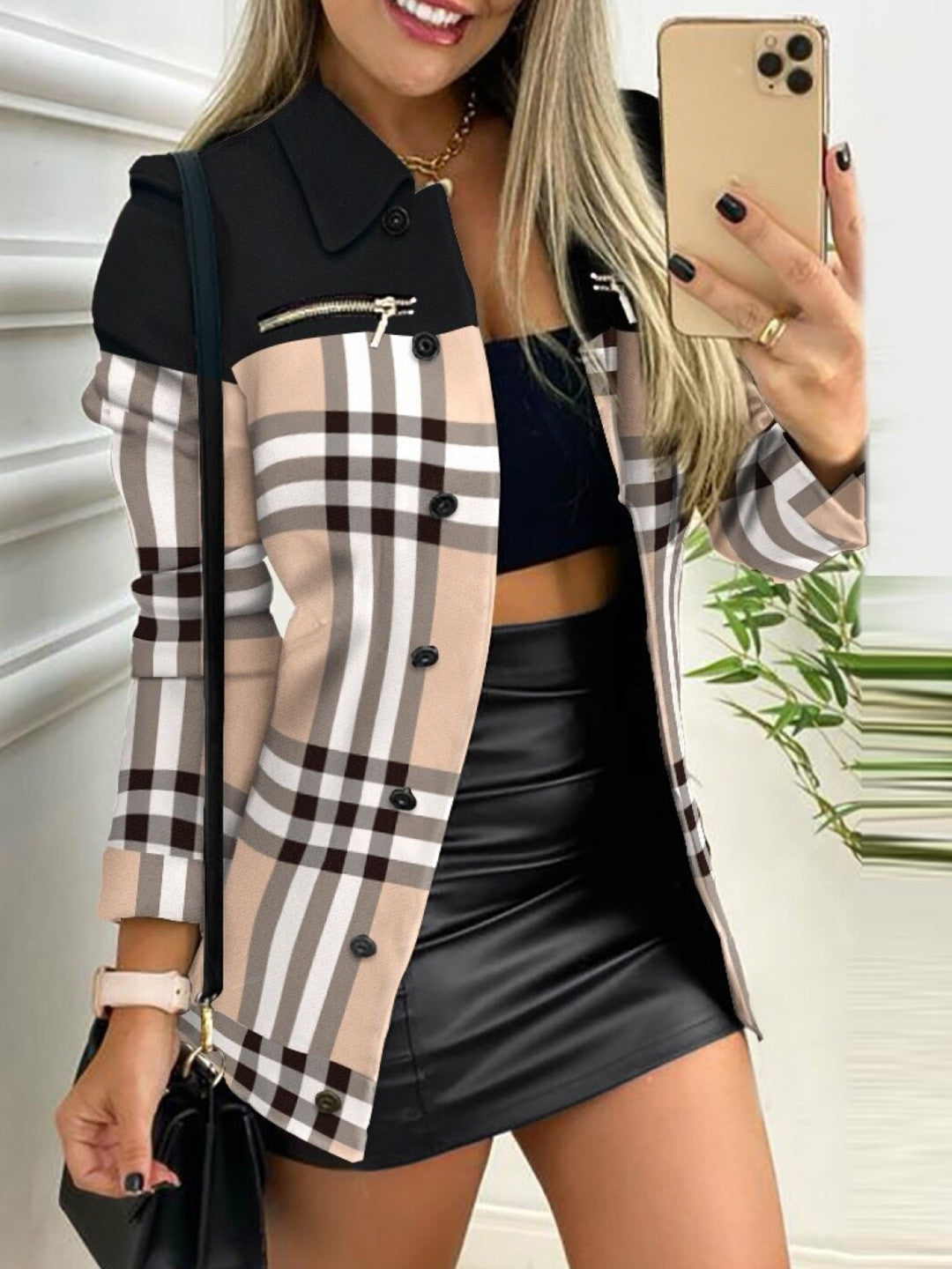 Beige Double Collar Long Sleeves Checked Polyester Open Front Jacket