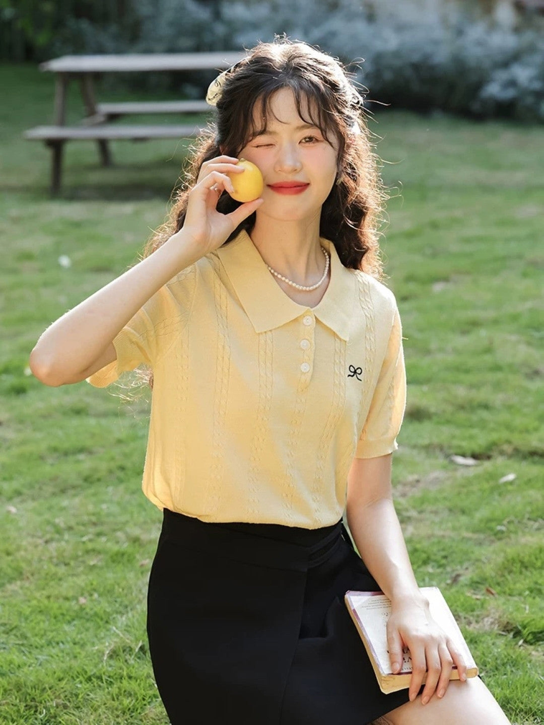 Yellow Shirt Collar Short Sleeves Solid Polyester Top