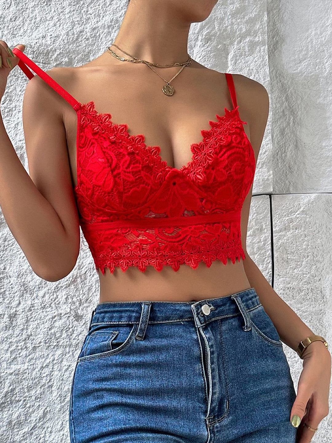 Red Shoulder Straps Sleeveless Solid Polyester Corset Top