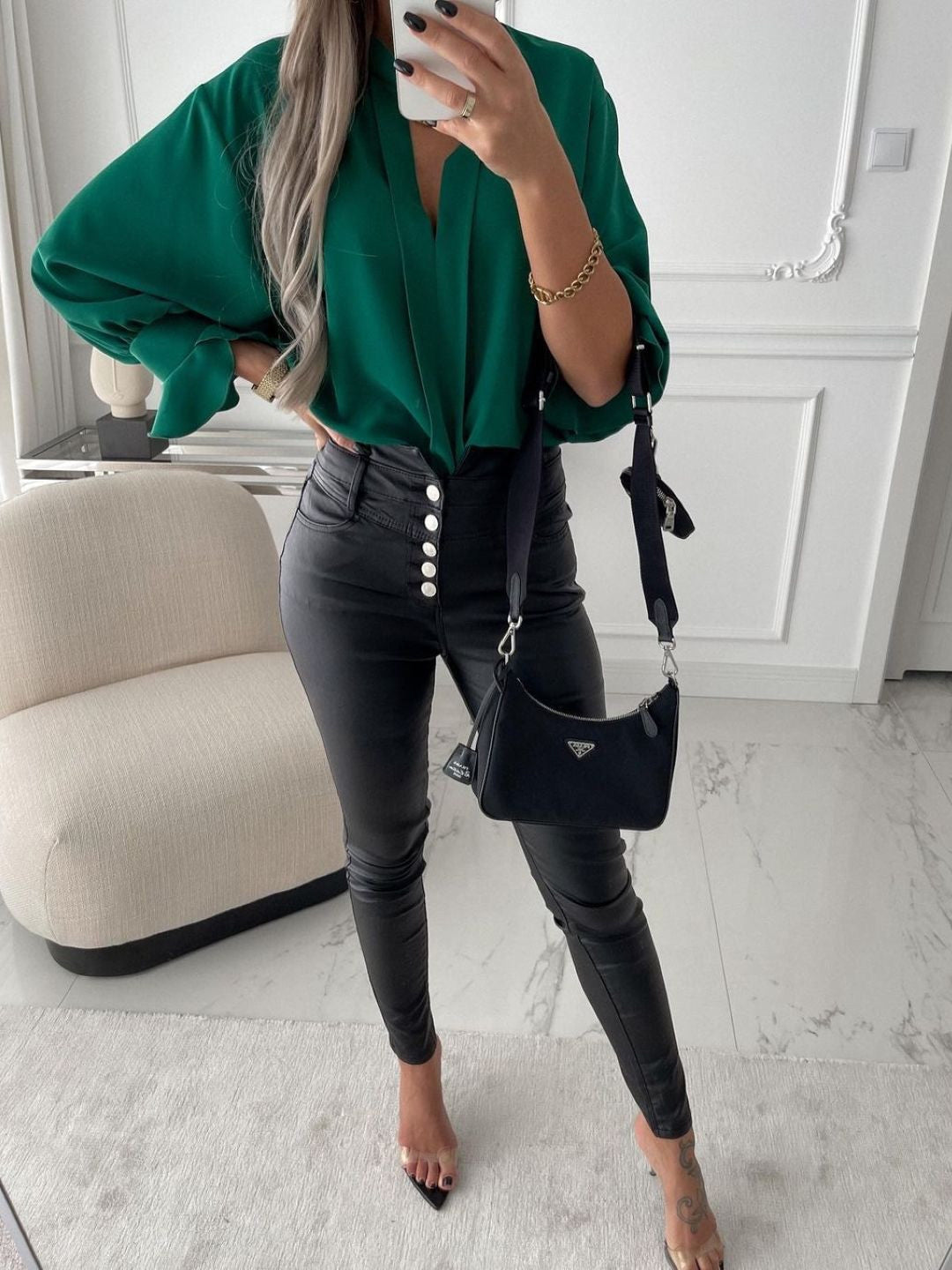 Teal Halter Neck Solid Long Sleeves Polyester Top