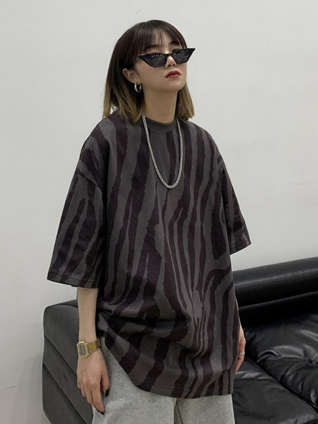 Grey Round Neck Short Sleeves Animal Polyester Tops