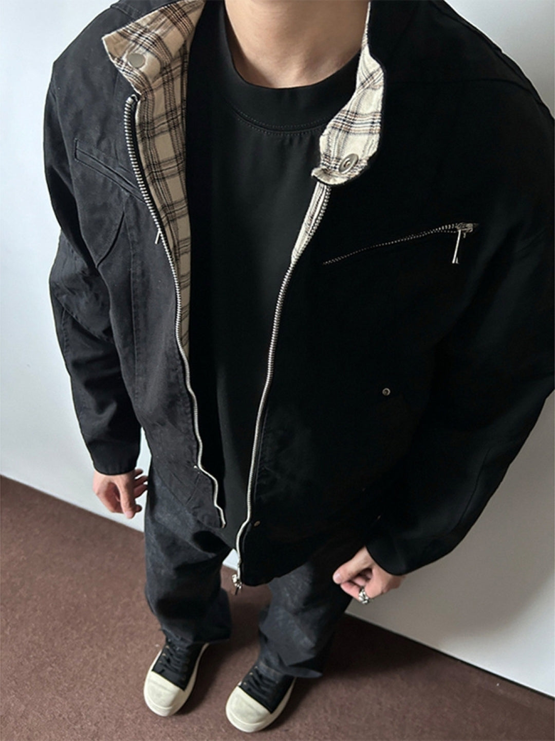 Black Mock Collar Long Sleeves Solid Polyester Open Front Jacket