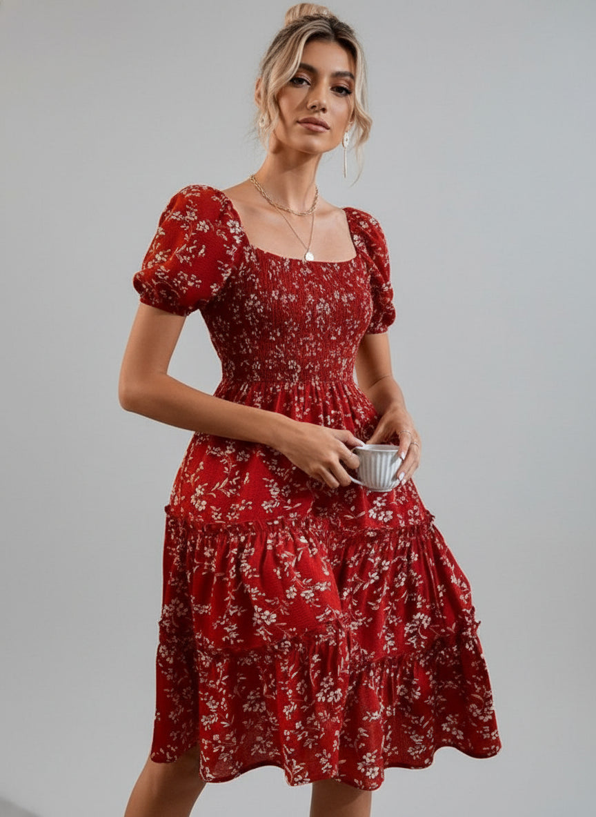 Floral Print Puff Sleeve A-Line Dress