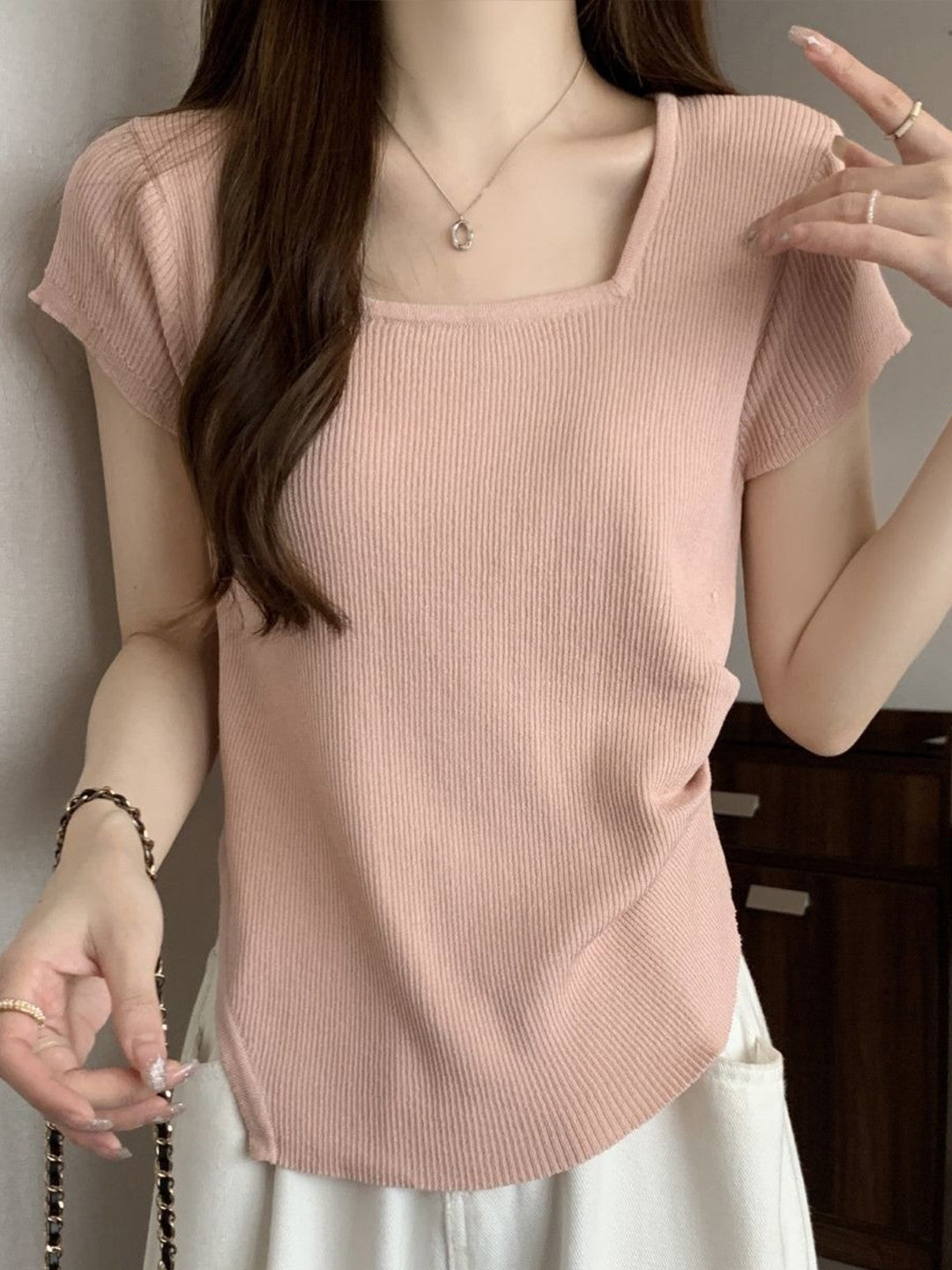 Pink Square Neck Short Sleeves Solid Polyester Top
