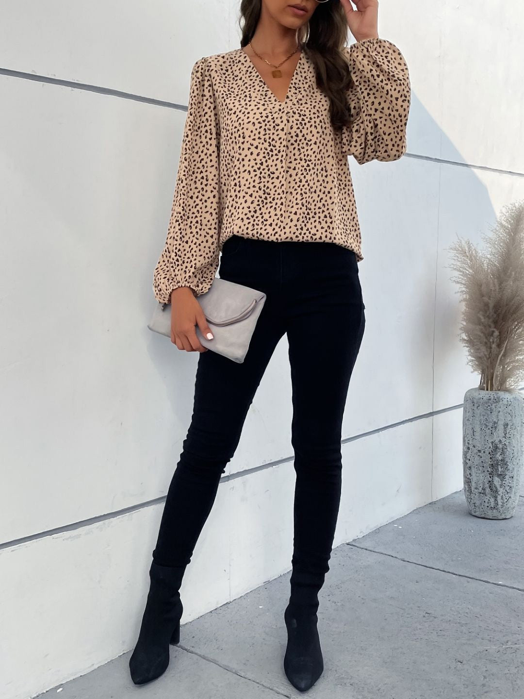 Khaki V-Neck Long Sleeves Animal Polyester Regular Top