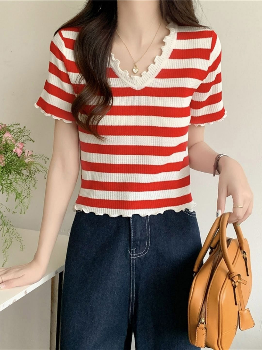 Red V-Neck Short Sleeves Horizontal Stripes Silk Top