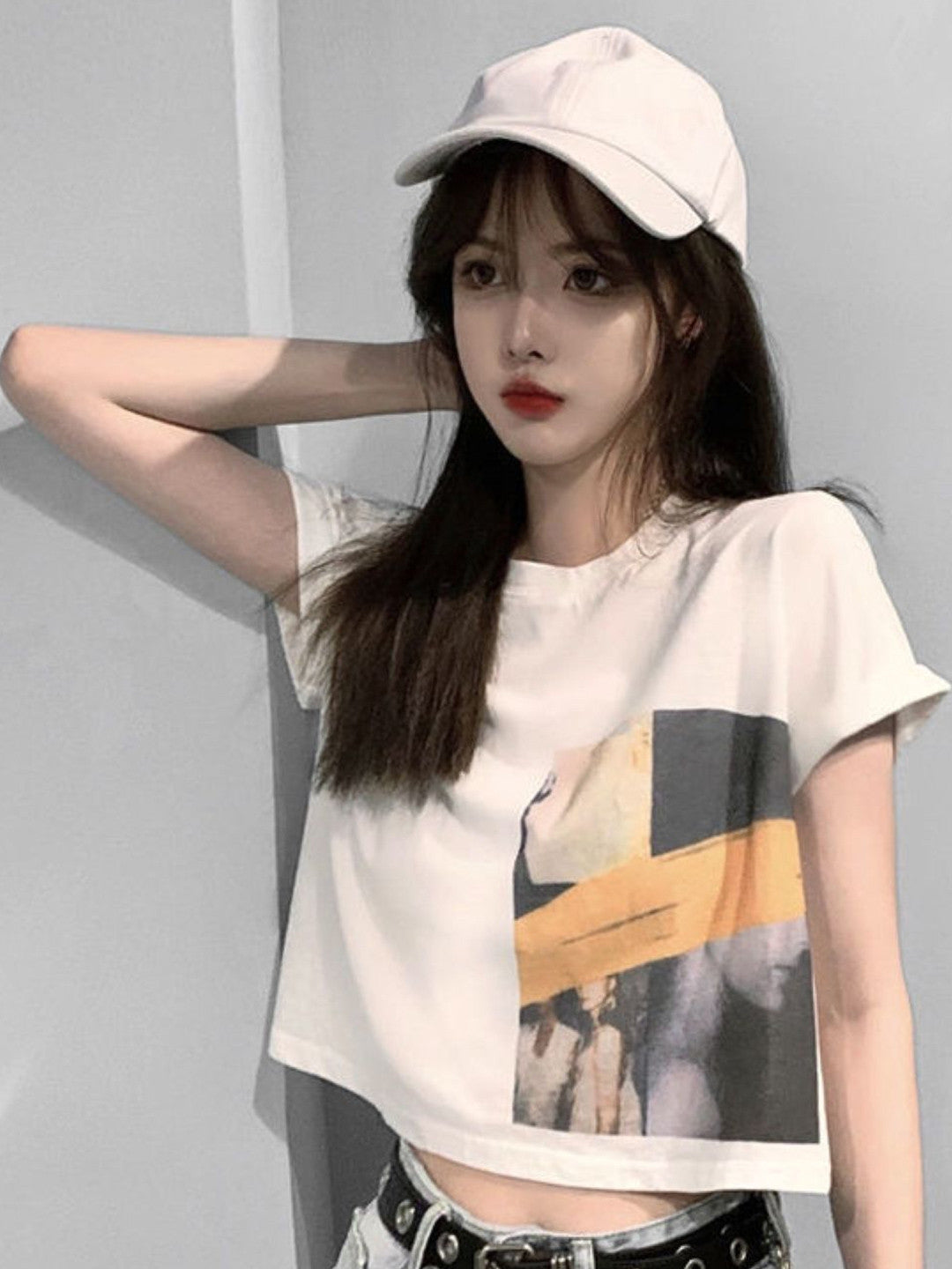 White Round Neck Short Sleeves Graphic Polyester Tops