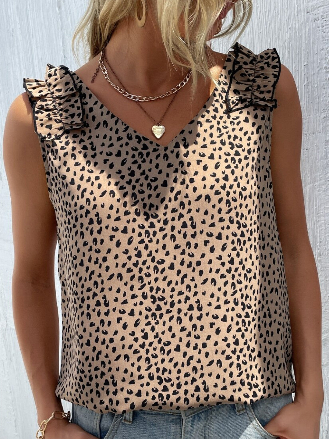 Khaki V-Neck Animal Print Sleeveless Polyester Top
