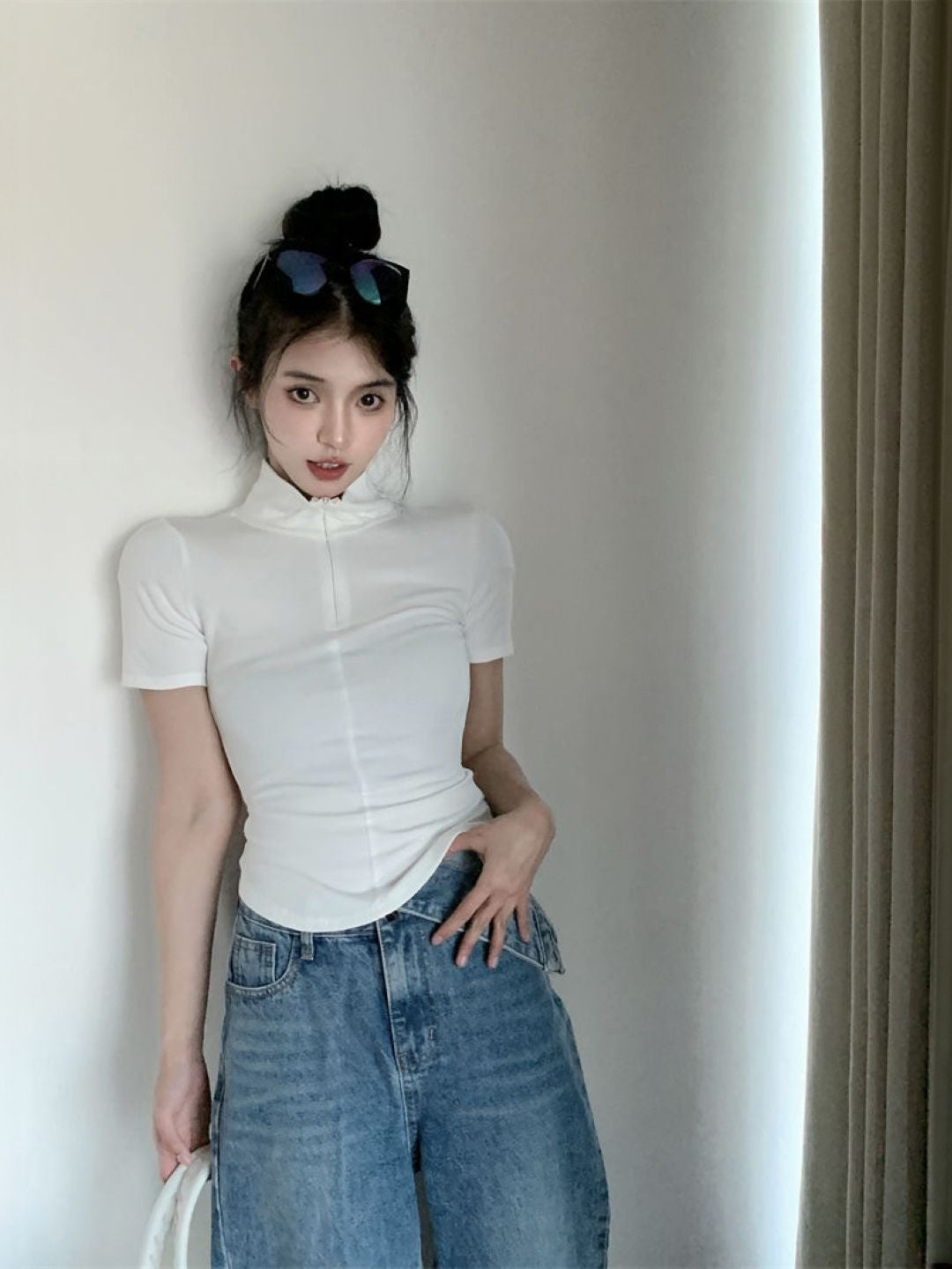 White High Neck Short Sleeves Solid Polyester Tops