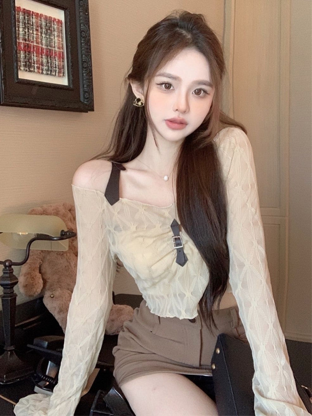 Khaki Off-Shoulder Long Sleeves Solid Polyester Crop Top