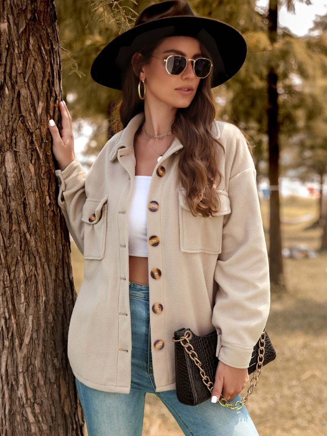 Khaki Shirt Collar Solid Long Sleeves Polyester Top