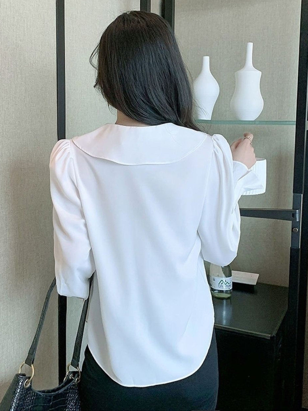 White Shirt Collar Long Sleeves Solid Polyester Top