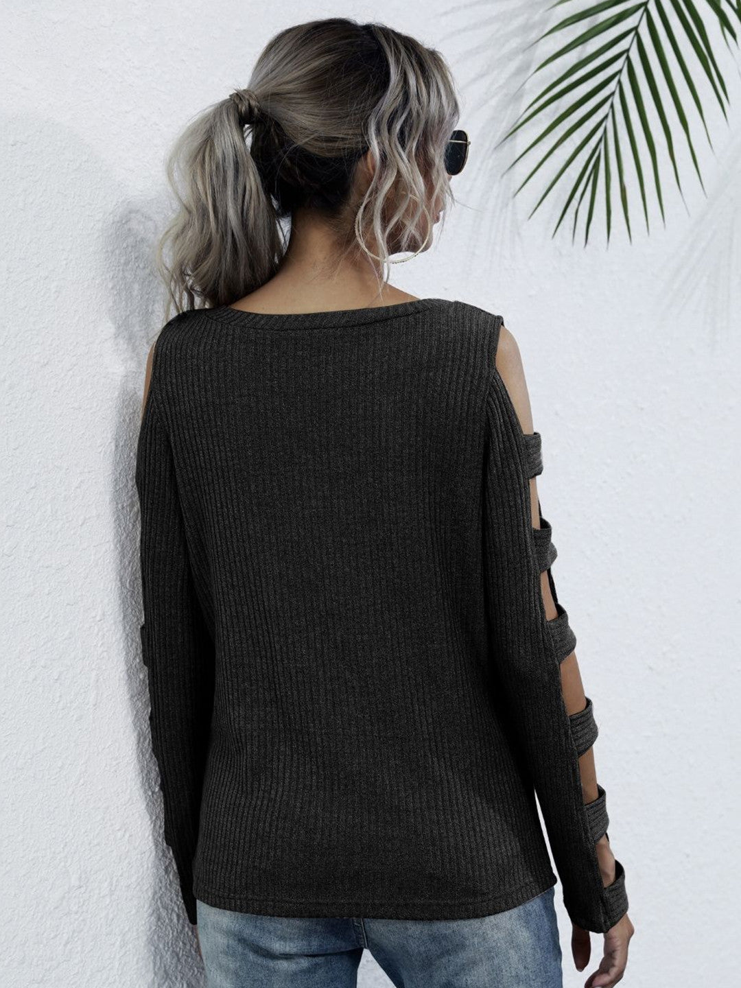 Black Round Neck Solid Long Sleeves Opaque Polyester Top