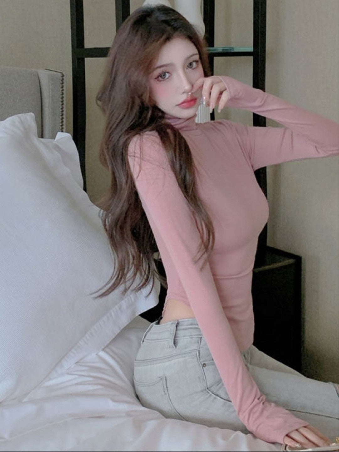 Pink Mandarin Collar Long Sleeves Solid Polyester Top