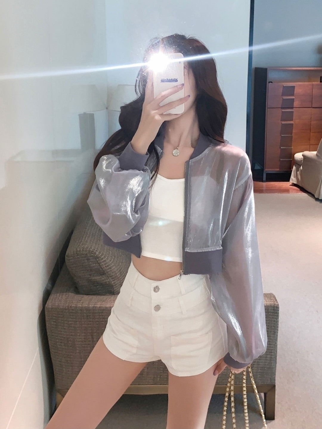 Grey Halter Neck Long Sleeves Solid Polyester Crop Top