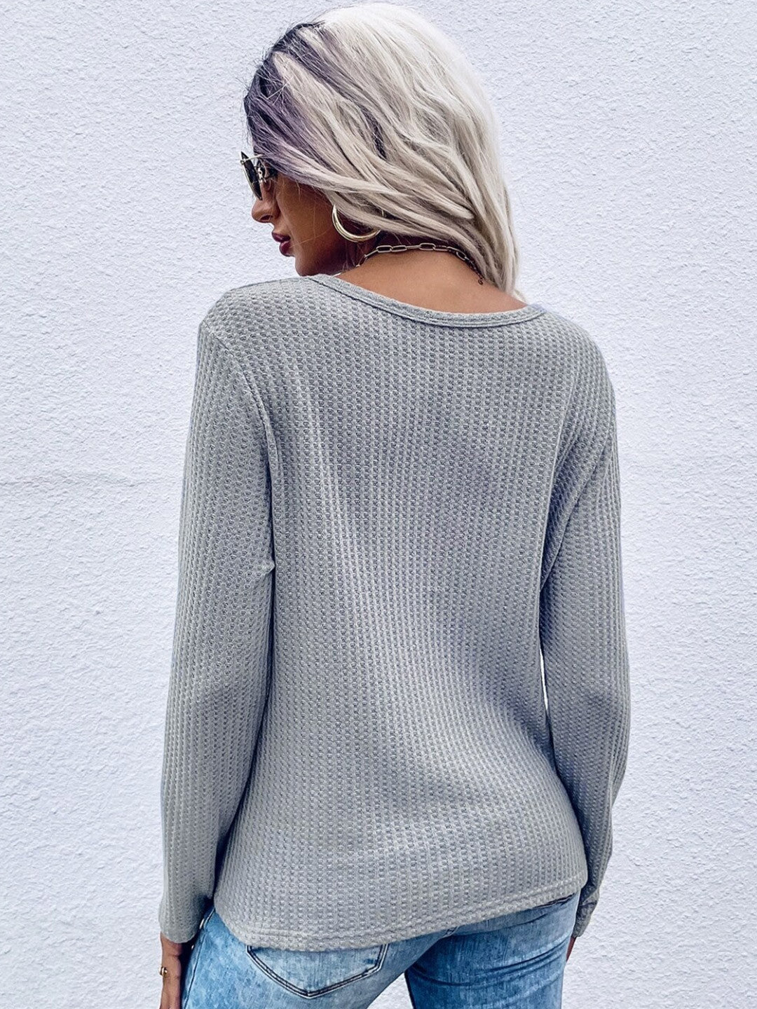 Grey V-Neck Solid Long Sleeves Cotton Top