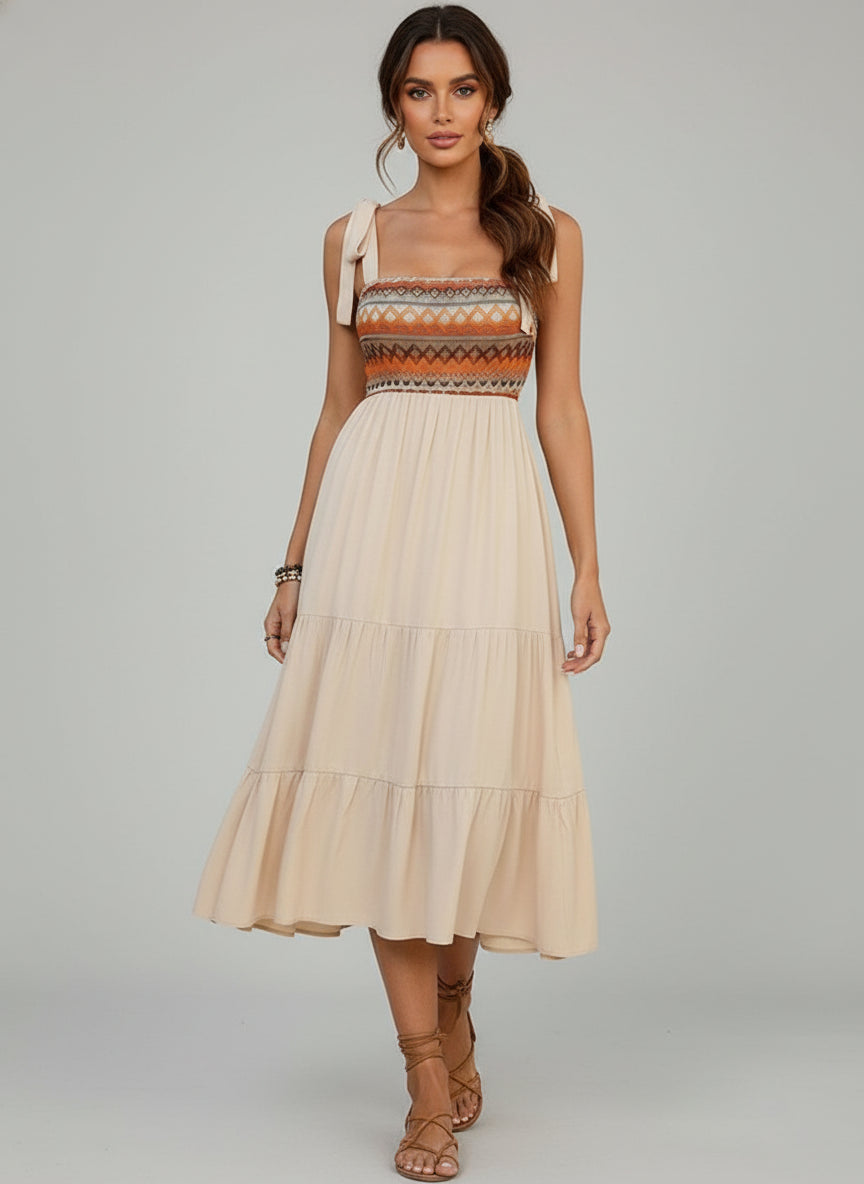 Beige Print A-Line Midi Dress