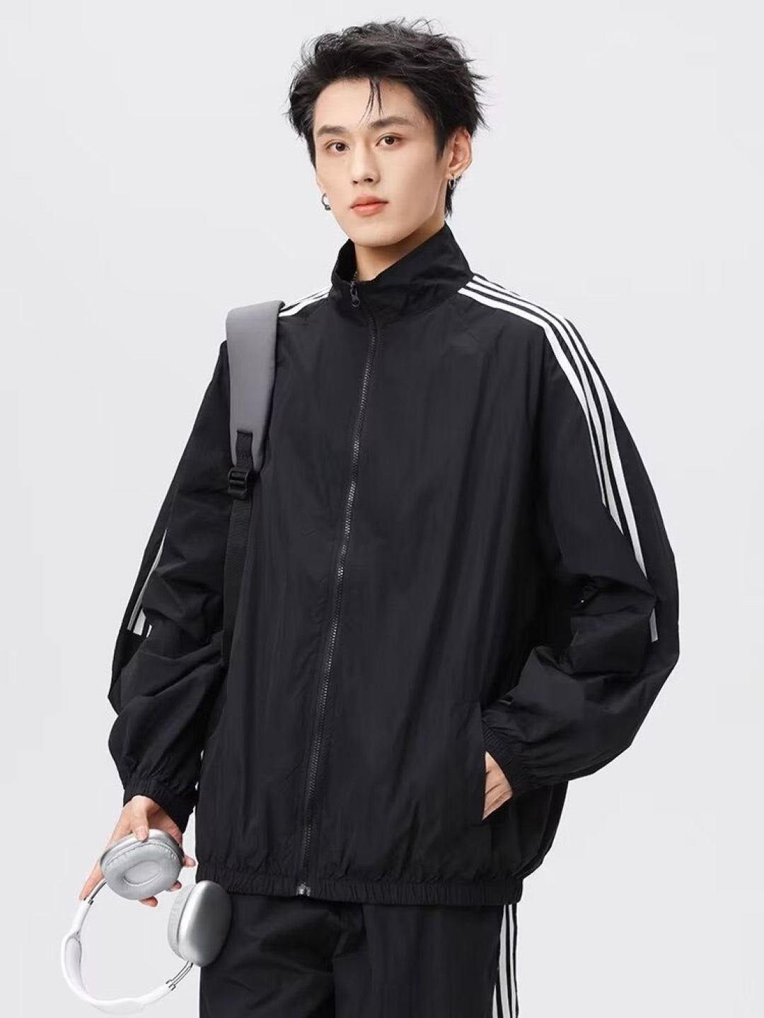 Black Spread Collar Long Sleeves Striped Polyester Open Front Jacket