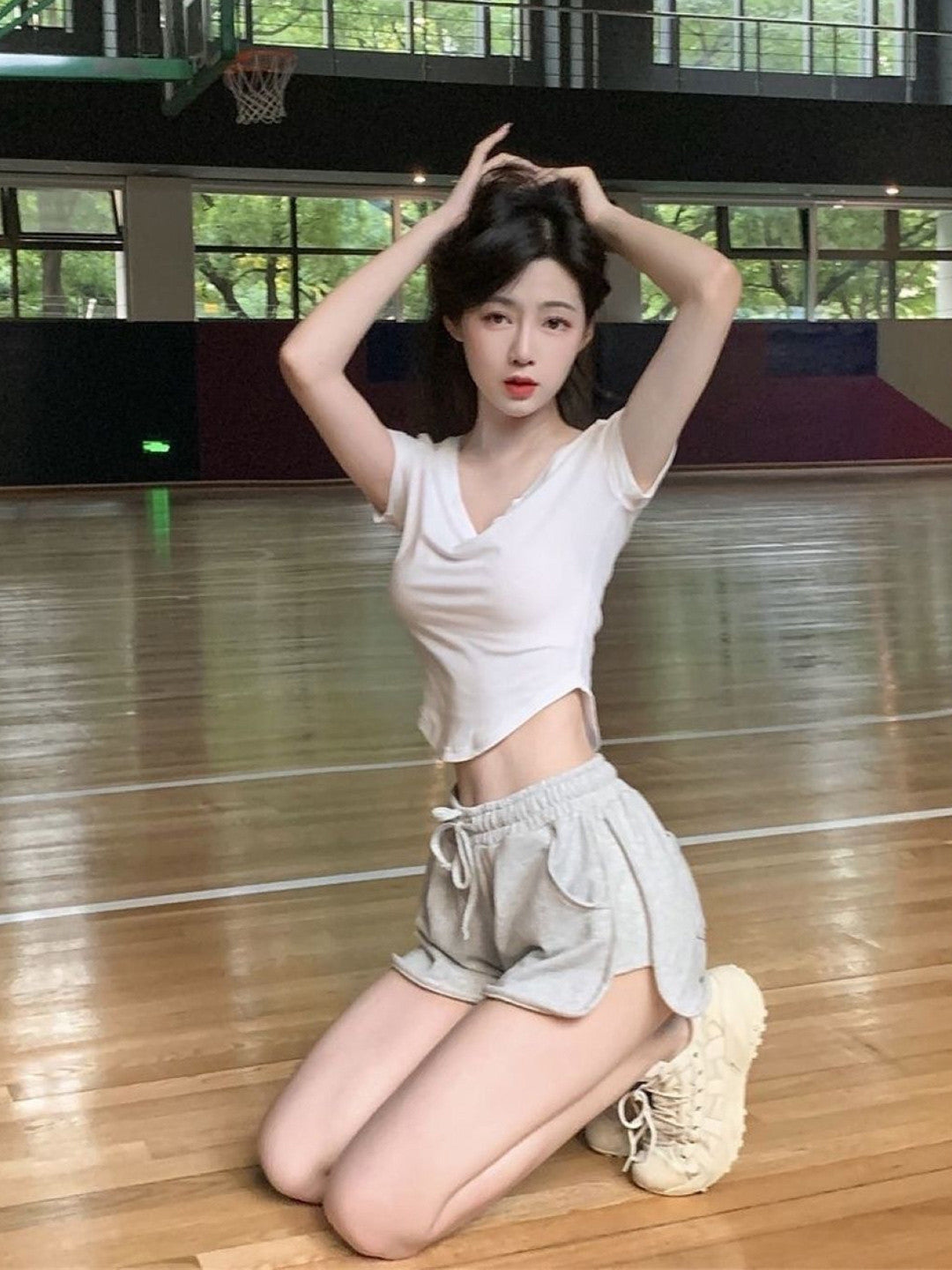 White V-Neck Short Sleeves Solid Polyester Crop Top