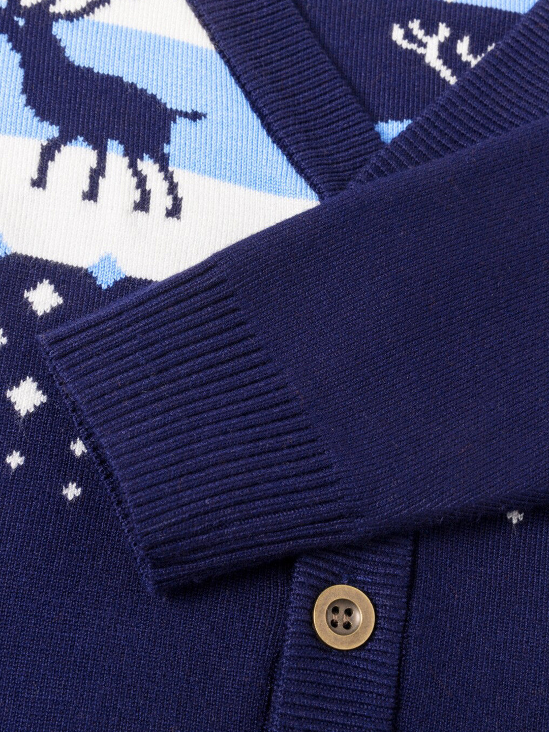 Navy Blue V-Neck Printed Long Sleeves Casual Front-Open Viscose Rayon Sweater