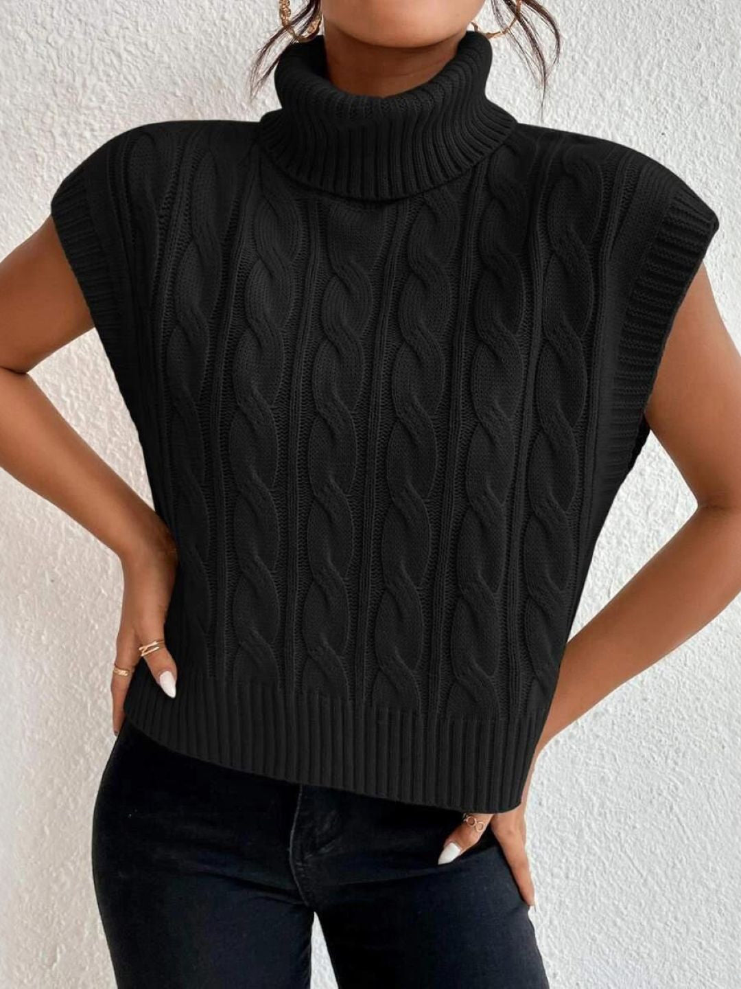 Black High Neck Short Sleeves Solid Acrylic Regular Top