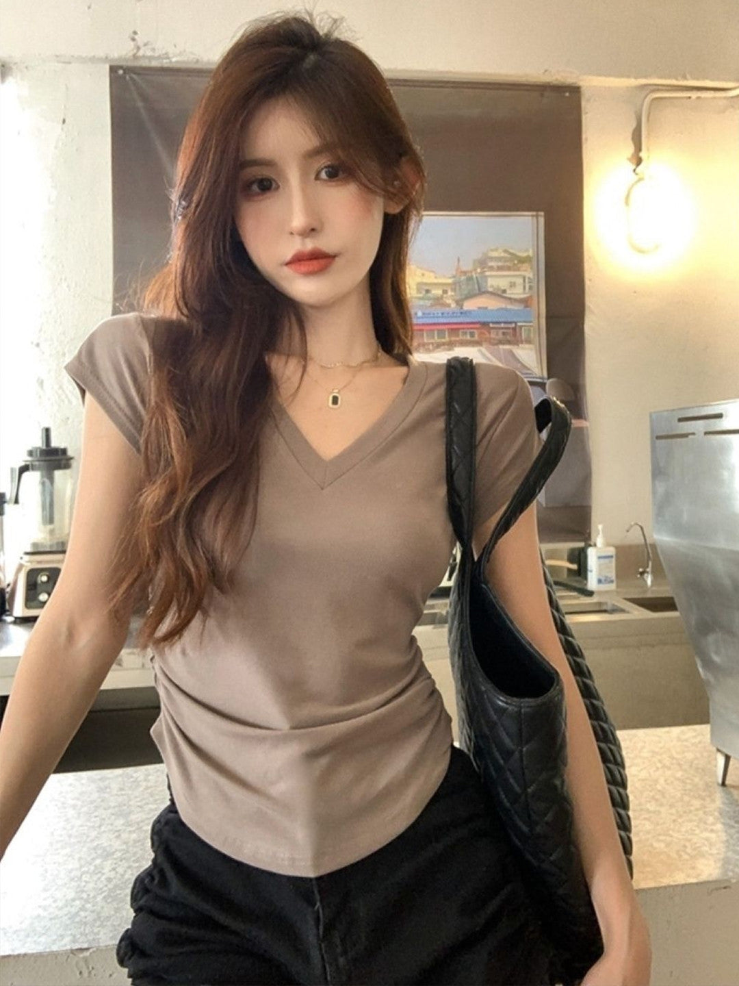 Brown V-Neck Short Sleeves Solid Polyester Top