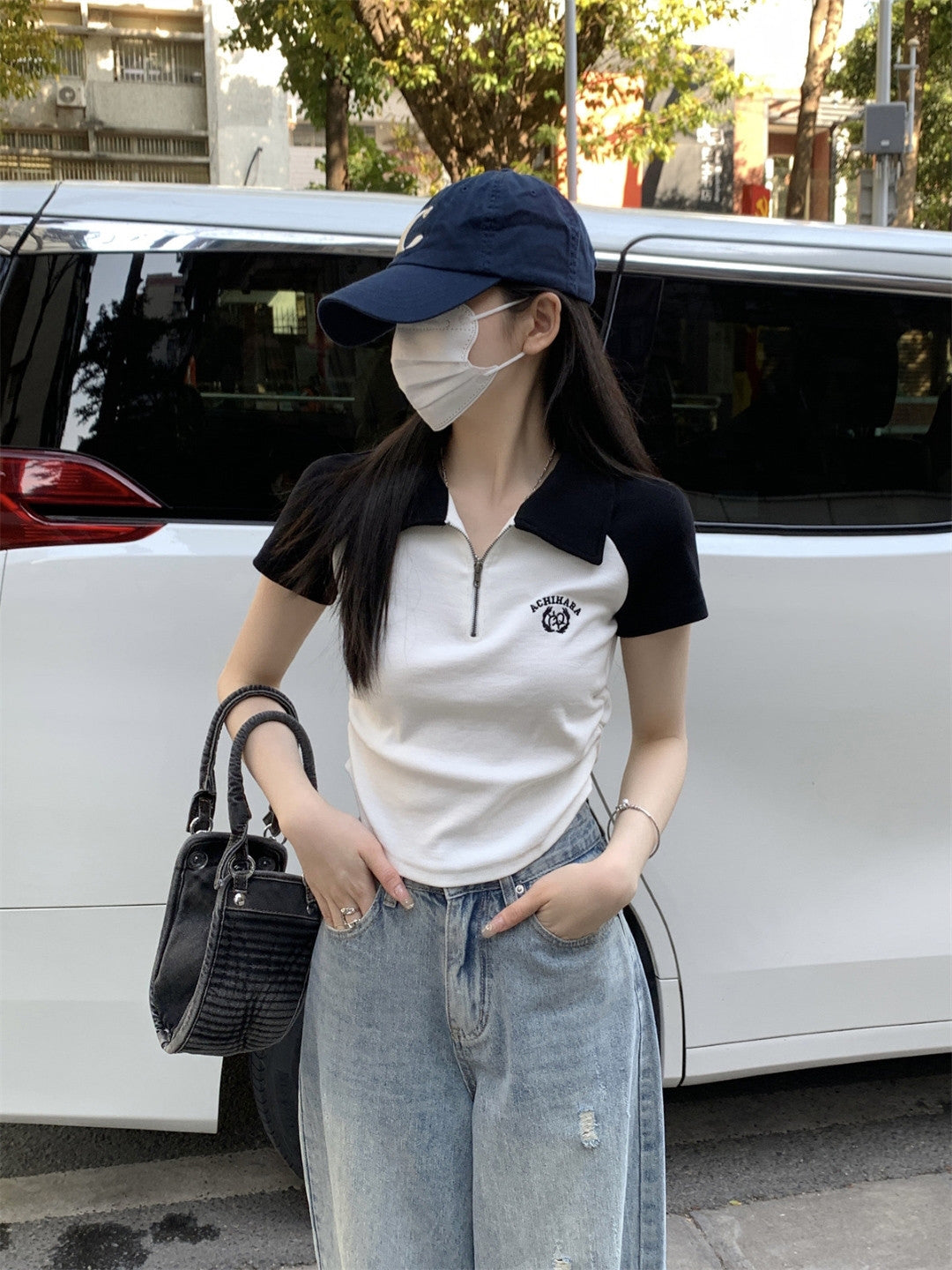 Black Shirt Collar Short Sleeves Colourblocked Polyester Top