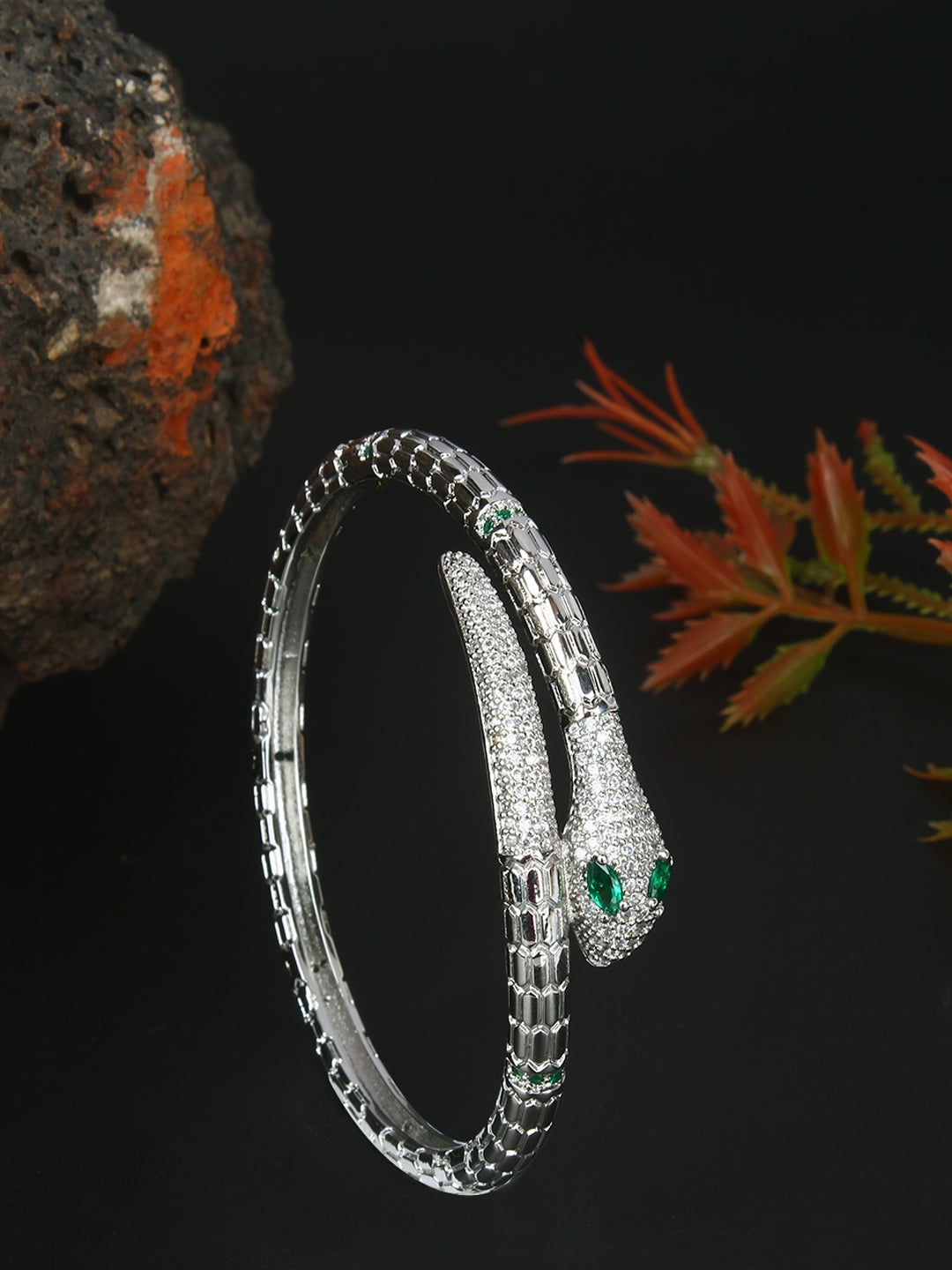 Silver-Plated Silver & Transparent Cubic Zirconia Studded Bangle-Style Brass Slip-On Bracelet