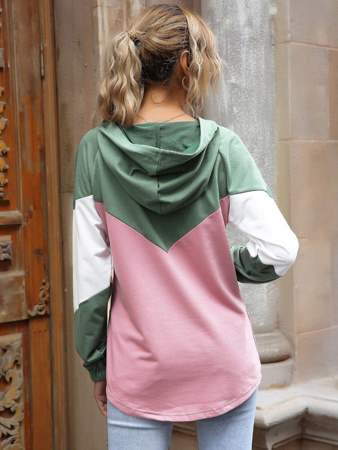 Pink Hoodie Neck Colorblocked Long Sleeves Cotton Top