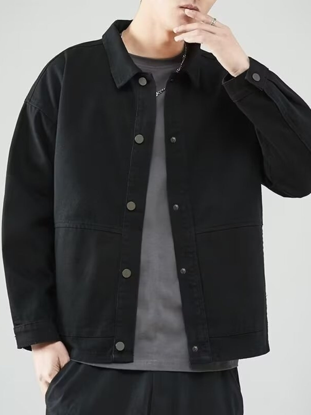 Black Spread Collar Long Sleeves Solid Polyester Open Front Jacket